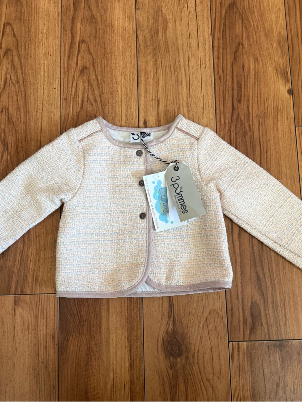 3Pommes Baby Girl Tweed Jacket in Pastel Pink and Cream